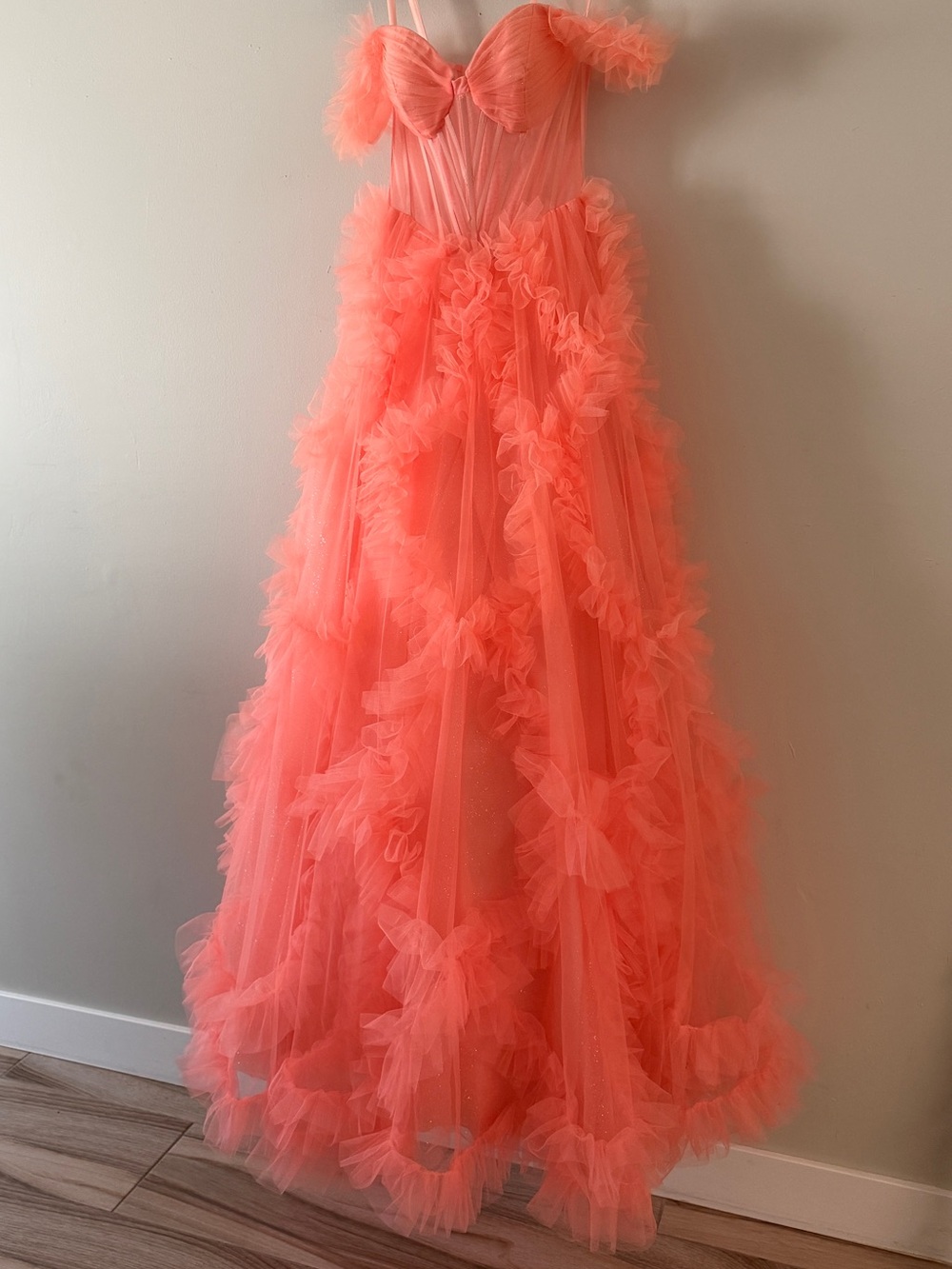 Jovani tulle off-the-shoulder ball gown corset bodice